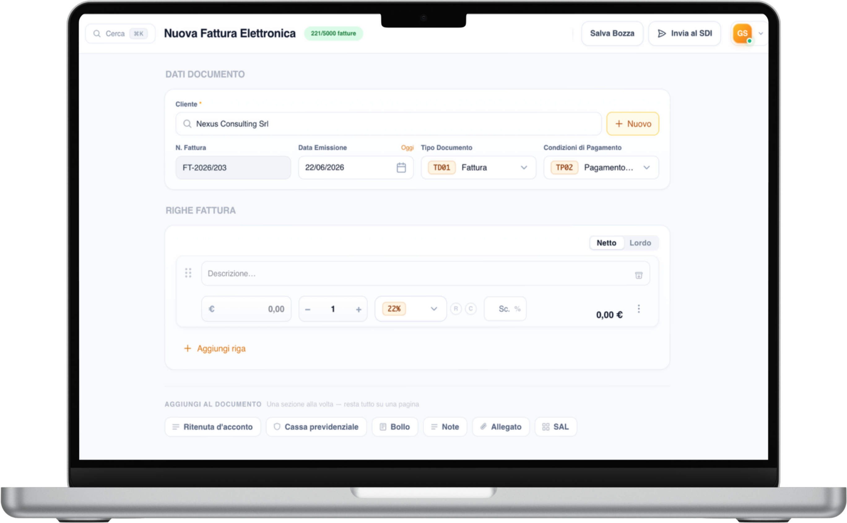 Schermata Nuova Fattura elettronica di TurboFattura su MacBook conforme SDI