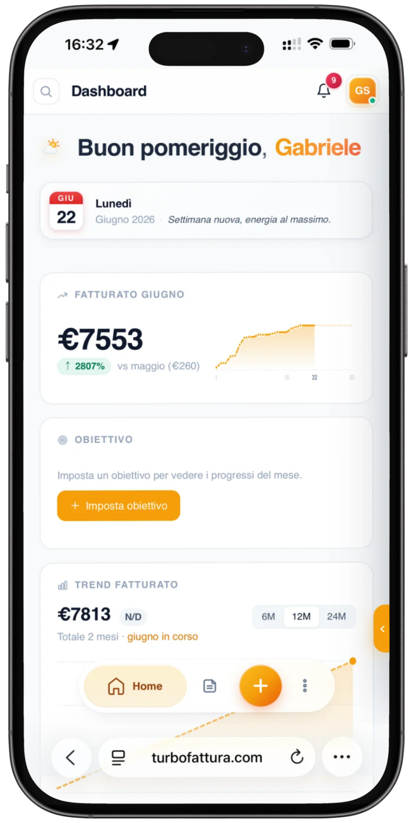 App TurboFattura: dashboard fatturazione elettronica su iPhone