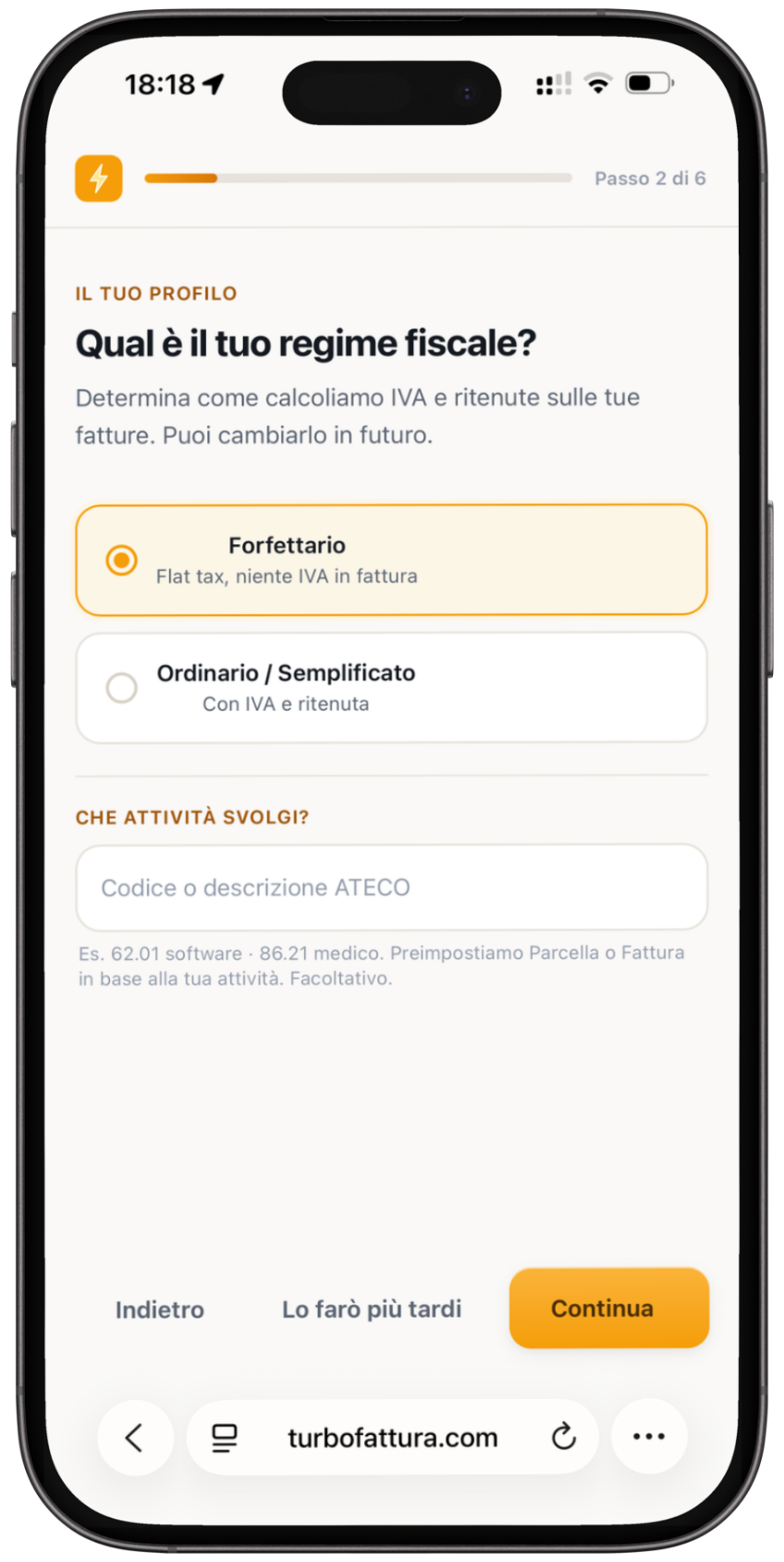 Registrazione TurboFattura su iPhone: scelta del regime fiscale, passo 2 di 6