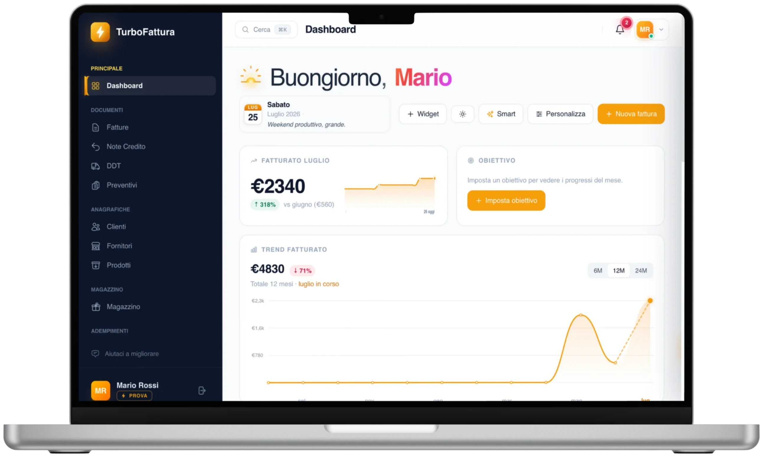 La dashboard di TurboFattura su MacBook: fatturato, fatture recenti e stati SDI
